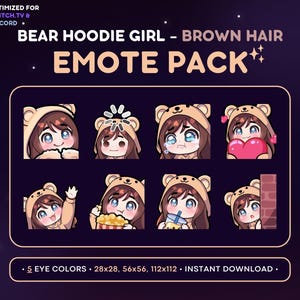Chibi Girl Emote Pack 8x - Bear Hoodie, Brown Hair Girl Twitch Emote [Fair Skin, 5 Eye Colors], Streaming Assets, Wave, Love, Lurk, Boba Tea