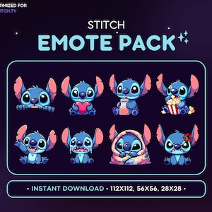 スティッチ Twitch エモート パック 8x - スティッチ Discord エモート、スティッチ ストリーミング アセット、スティッチ ラブ、快適、潜伏、ポップコーン、ゲーム、絵文字、PNG ステッカー