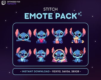 Stich Twitch Emote Paket 8x - Stich Discord Emote, Stich Tracking, Stich Liebe, Gemütlich, Lurk, Popcorn, Gaming, Emoji, PNG Aufkleber