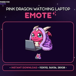 ピンク ドラゴン Twitch エモート ブランケット - ノートパソコンを見ているドラゴン エモート、ドラゴン Discord エモート、ゲーム、ストリーミング エモージ、かわいい、心地よい、ブランケット