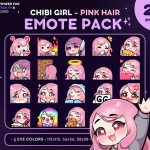 Chibi Girl Emote Pack 20x - Pink Hair Girl Twitch Emote [Fair Skin, 5 Eye Colors], Streaming Assets, Wave, Love, Lurk, Notes, Knife, Mad