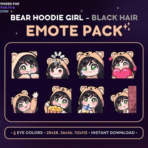 ちびガールエモートパック 8x - クマのパーカー、黒髪の女の子のTwitchエモート[色白、目の色5色]、ストリーミングアセット、ウェーブ、ラブ、潜む、タピオカティー