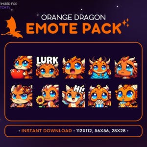 クールなオレンジドラゴン Twitch エモート パック - ドラゴン エモート バンドル、ドラゴン Discord エモート、ゲーム、ストリーミング、絵文字、かわいい、ブランケット、手を振る、泣く、潜む