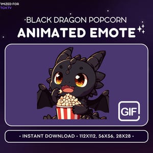 以下が含まれることがあります： 赤いバケツハットをかぶり、バケツに入ったポップコーンを持っている黒いドラゴンのアニメーションGIFエモート。画像の右上に「GIF」というテキストがあります。画像の下部に「INSTANT DOWNLOAD - 112X112, 56X56, 28X28.」というテキストがあります。