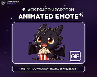 May include: Animated GIF emote of a black dragon wearing a red bucket hat and holding a bucket of popcorn. The text "GIF" is in the upper right corner of the image. The text "INSTANT DOWNLOAD - 112X112, 56X56, 28X28." is at the bottom of the image.