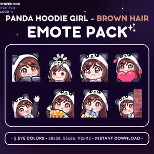 Chibi Girl Emote Pack 8x - Panda Hoodie, Brown Hair Girl Twitch Emote [Fair Skin, 5 Eye Colors], Streaming Assets, Wave Love Lurk, Boba Tea