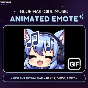 Animated Jam Chibi Girl Twitch Emote, Blue Hair Cat Girl, Kawaii Anime Emote, Music, Headphones, Vibing, Streaming Gaming, Discord Emote