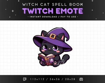 Cute Witch Black Cat Twitch Emote - Witch Cat Spell Book Emote, Cat Discord Emote, Gaming, Streaming, Emoji, Kawaii Adorable, Magic, Fantasy