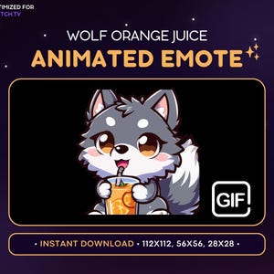 May include: Animated GIF emote of a grey wolf pup with brown eyes drinking orange juice from a glass with a straw. The text "GIF" is in a white box in the lower right corner. The text "WOLF ORANGE JUICE ANIMATED EMOTE" is at the top of the image.