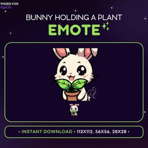Peut inclure: Un lapin blanc aux oreilles roses tient une plante verte en pot. Le lapin a de grands yeux noirs et un nez rose. Le texte "BUNNY HOLDING A PLANT EMOTE" est au-dessus du lapin.