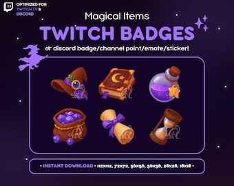 May include: Digital art featuring six magical items: a witch's hat, spell book, potion bottle, bag of gems, scroll, and hourglass. The text reads "TWITCH BADGES" and "Magical Items". The image is optimized for Twitch.tv and Discord.
