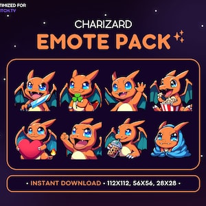Peut inclure: Un ensemble de huit émoticônes Twitch animés représentant un Charizard de dessin animé dans différentes poses. Les émoticônes sont disponibles en trois tailles : 112 x 112, 56 x 56 et 28 x 28. Les émoticônes sont conçus pour être utilisés sur Twitch.
