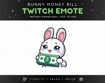 Cute White Bunny Twitch Emote Money - Dollar Bill Bunny Emote, Bunny Discord Emote, Gaming, Streaming, Emoji, Kawaii Adorable, Donation Gift