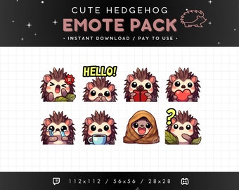 Cute Hedgehog Twitch Emote Pack 8x - Hedgehog Emote, Hedgehog Discord Emote, Streaming Assets, Gaming, Stream, Emoji, Sticker, Liefde, Comfortabel