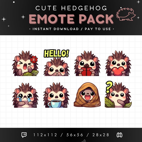 Cute Hedgehog Twitch Emote Pack 8x - Hedgehog Emote, Hedgehog Discord Emote, Streaming Assets, Gaming, Stream, Emoji, Sticker, Love, Comfy