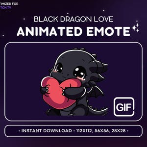 ANIMATIERTER schwarzer Drache Twitch Emote Liebe - Herz Drache Emote, Drache Discord Emote, Gaming, Tracking, Emoji, Kawaii, Bezaubernd, Umarmung, Geschenk