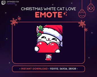 Emoticono de gato blanco navideño para Twitch - Amor, Corazón, Emoticono navideño, Servidor de Discord, Recursos para streaming, Gorro navideño, Invierno, Abrazo, Amistad