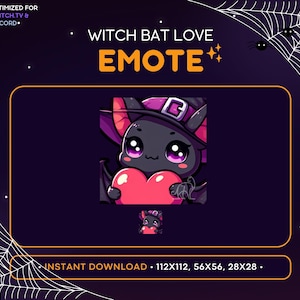 Fledermaus Twitch Emote - Liebe, Herz, Hexenhut, Halloween Emote, Discord Kessel, Magie, Spooky, Unheimlich, Emoji, Stream Dekoration, Nachtleuchtend