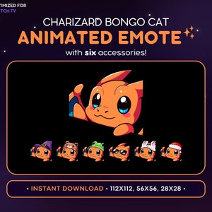 May include: Animated Twitch emote featuring a cartoon orange Charizard-like character with blue eyes, peeking out from behind a black background. The emote is available in six different variations with different accessories, including a witch's hat, a beanie, a frog hat, sunglasses, bunny ears, and a Santa hat. The text "CHARIZARD BONGO CAT ANIMATED EMOTE with six accessories!" is displayed above the character. The text "INSTANT DOWNLOAD 112X112, 56X56, 28X28" is displayed below the character.