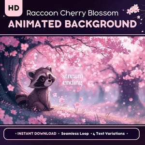 Könnte beinhalten: Animierter Hintergrund mit einem Waschbären unter einem Kirschblütenbaum. Der Waschbär hat eine schwarze Maske und sitzt in einem Feld mit rosa Blüten. Der Text "stream ending" ist sichtbar. Nahtlose Schleife.