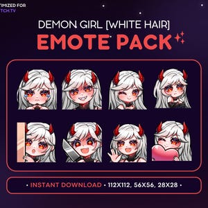 Demon Girl Twitch Emote Pack 8x - White Hair Evil Succubus Girl, Kawaii Anime Emote, Devil Emote, Streaming, Discord Emote, Knife, Horns
