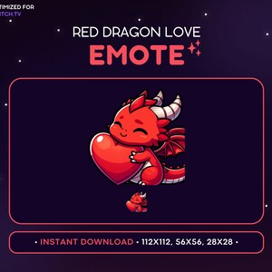 May include: Red dragon cartoon emote holding a red heart. The emote is available in four sizes: 112x112, 56x56, 28x28.  "Red Dragon Love Emote" text is above the image.