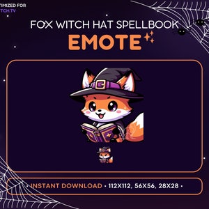 Cute Witch Hat Fox Twitch Emote - Witch Fox Spell Book Emote, Fox Discord Emote, Streaming, Emoji, Kawaii Halloween, Magic, Fantasy