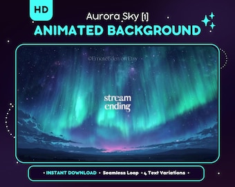 Può includere: Uno sfondo animato con una vibrante visualizzazione dell'aurora boreale. L'immagine presenta una visualizzazione dinamica di luci verdi e blu su un cielo scuro, con il testo "stream ending". Lo sfondo è progettato per il download immediato e il looping continuo.