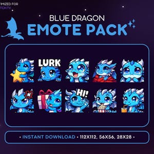 クールなブルードラゴンTwitchエモートパック - ドラゴンエモートバンドル、ドラゴンDiscordエモート、ゲーム、ストリーミング、絵文字、かわいい、ブランケット、手を振る、泣く、潜む