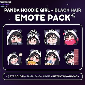 Paquete de 8 gestos de chica chibi: sudadera con capucha de panda, gesto de Twitch de chica de cabello negro [piel clara, 5 colores de ojos], recursos de transmisión, Wave Love Lurk, té Boba
