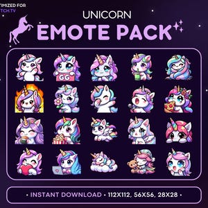 Unicorn Emote Pack 20x - Cute Unicorn Twitch Emote, Unicorn Discord Emote, Emoji, Magical Creature, Fantasy, Pegasus, Flying, Rainbow, Horse