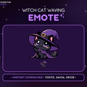 Cute Witch Black Cat Twitch Emote - Witch Cat Wave Emote, Cat Discord Emote, Gaming, Streaming, Emoji, Kawaii Adorable, Magic, Fantasy