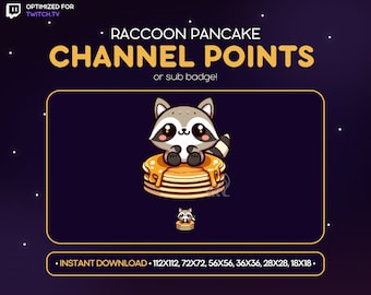 Pode incluir: Gráfico digital com um guaxinim de desenho animado em panquecas com calda. O texto "RACCOON PANCAKE CHANNEL POINTS or sub badge!" é amarelo. Otimizado para Twitch.tv, download instantâneo. Tamanhos: 112x112, 72x72, 56x56, 36x36, 28x28, 18x18.