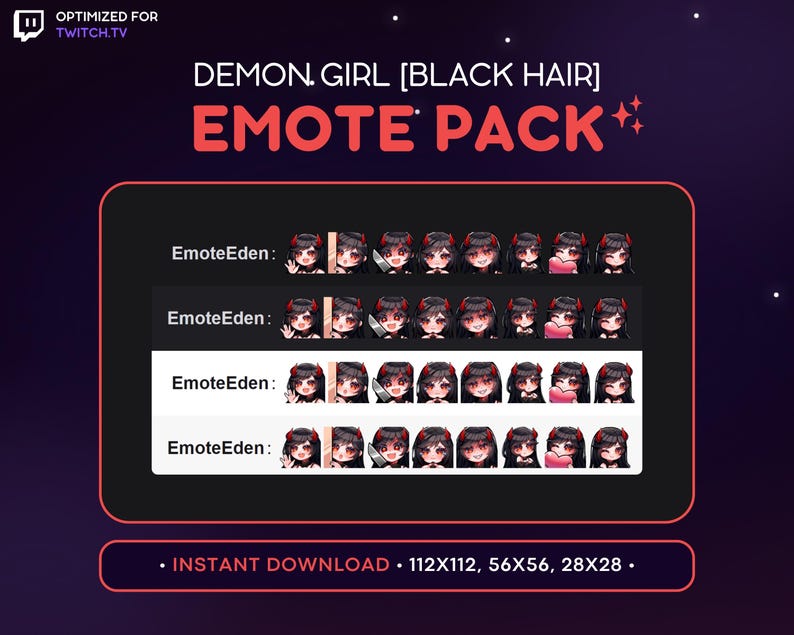 Demon Emote Set Demon Girl Twitch Emote Pack 8x - Black Hair Evil Succubus Girl, Kawaii ...