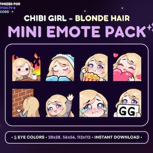 Chibi Girl Emote Pack 8x - Blonde Hair Girl Twitch Emote [Fair Skin, 5 Eye Colors], Streaming Assets, Wave, Love, Cry, Comfy, Popcorn, GG