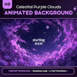 Op de afbeelding: Een digitale afbeelding met een hemelse scène met paarse wolken en een sterrenhemel. De woorden "Celestial Purple Clouds ANIMATED BACKGROUND" worden bovenaan weergegeven, met "starting soon" in het midden. Extra tekst onderaan geeft "INSTANT DOWNLOAD" en "Seamless Loop" aan.