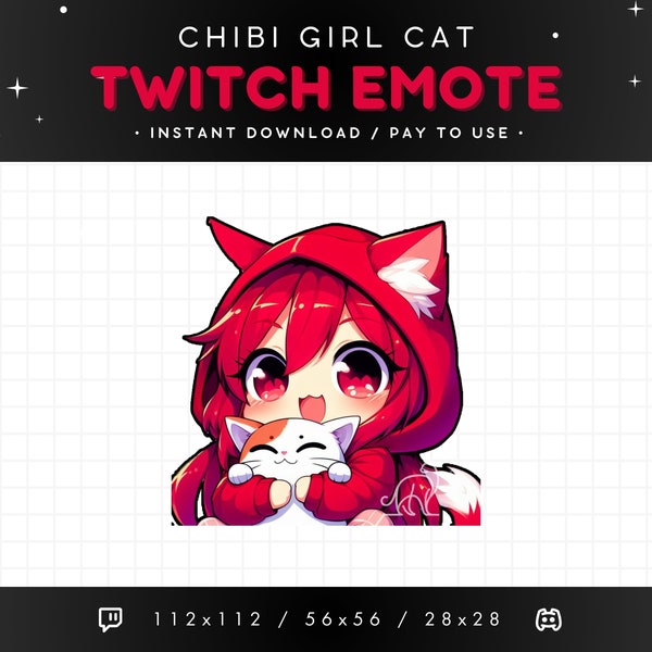 Red Hair Chibi Girl Twitch Emote, Hugging Cat, Kawaii Anime Emote, Cat Girl Twitch Emote, Cute Cat Emote, Streaming Gaming Discord Emote