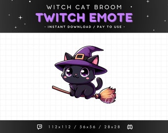 Cute Witch Black Cat Twitch Emote - Witch Cat Broom Emote, Cat Discord Emote, Gaming, Streaming, Emoji, Kawaii Adorable, Magic, Fantasy