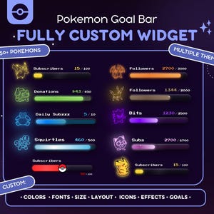 May include: A digital Pokemon Goal Bar widget display featuring multiple progress bars with neon-style character icons, text labels like Subscribers, Followers, and Donations, and customizable settings for colors, fonts, size, layout, icons, and effects.