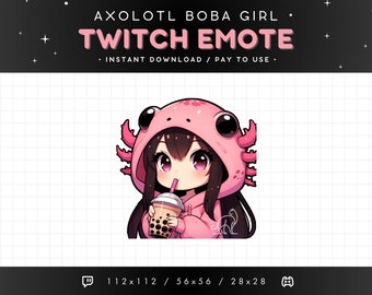 Axolotl Chibi Girl Twitch Emote, Boba Girl, Kawaii Anime Emote, Gamer Girl Bubble Tea, Brown Hair Girl Emote, Streaming, Discord Emote