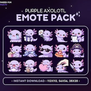 Cute Axolotl Twitch Emote Pack 15x - Purple Axolotl Emote, Axolotl Discord Emote, Gaming, Streaming, Emoji, Pastel, Love, Comfy, Knife, Cry