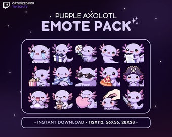 Cute Axolotl Twitch Emote Pack 15x - Purple Axolotl Emote, Axolotl Discord Emote, Gaming, Streaming, Emoji, Pastel, Love, Comfy, Knife, Cry