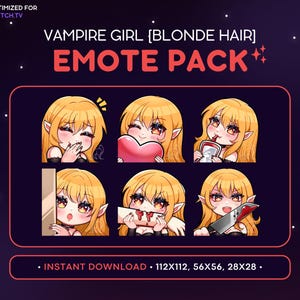 Vampire Girl Twitch Emote Pack - Blonde Hair Evil Vampire Girl, Kawaii Anime Emote, Gamer Girl  Emote, Streaming, Discord Emote, Bite Lurk