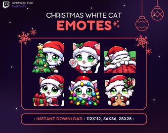 Pack de 6 emotes navideños de gato blanco para Twitch: Emote de gatito adorable para las fiestas, servidor de Discord, recursos para streaming, gorro navideño, regalo, cómodo, gatito