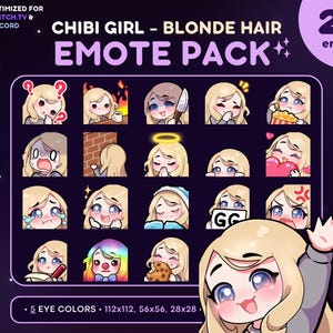 Chibi Girl-emotepakket 20x - Blond haarmeisje Twitch-emote [lichte huid, 5 oogkleuren], streaming, golf, liefde, op de loer, notities, mes, gek