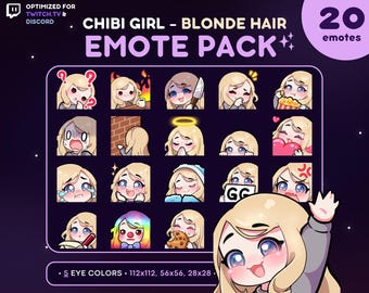 Chibi Girl Emote Pack 20x - Blonde Hair Girl Twitch Emote [Fair Skin, 5 Eye Colors], Streaming Assets, Wave, Love, Lurk, Notes, Knife, Mad