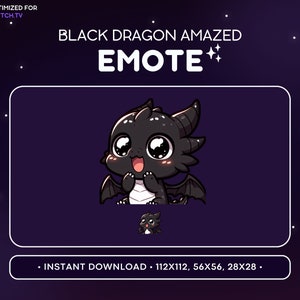 Cool Black Dragon Twitch Emote  - Amazed Dragon Emote, Dragon Discord Emote, Gaming, Streaming, Emoji, Kawaii, Adorable, Surprised, Shook