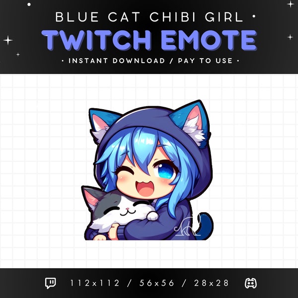 Blue Hair Chibi Girl Twitch Emote, Hugging Cat, Kawaii Anime Emote, Cat Girl Twitch Emote, Cute Cat Emote, Streaming Gaming Discord Emote