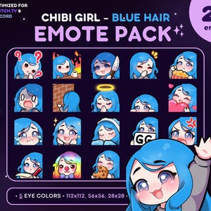 Chibi Girl Emote Pack 20x - Blue Hair Girl Twitch Emote [Fair Skin, 5 Eye Colors], Streaming Assets, Wave, Love, Lurk, Notes, Knife, Mad
