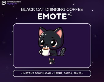 Cute Black Cat Twitch Emote Coffee - Drink Cat Emote, Cat Discord Emote, Gaming, Streaming, Emoji, Kawaii Adorable, Sip, Cozy, Cup of Coffee